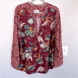 Studio by Denim & Co. Mixed Floral Printed Long Sleeve Blouse, Burgundy Size L